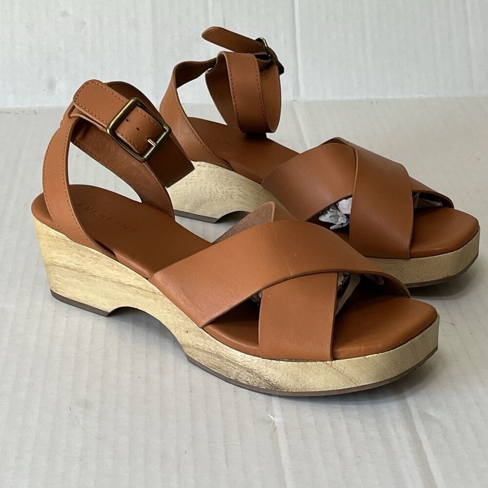 EVERLANE THE CLOG SANDALS LEATHER WITH WOODEN PLATFORM HEEL SZ 9 COMFORT SUMMER